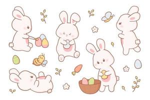 Ostern Hase im kawaii Stil und Pastell- Farben. Vektor Sammlung von Karikatur Kaninchen im anders posiert mit Eier, Biene und Schmetterling