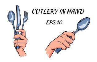 Besteck. Gabel, Löffel und Messer in der Hand. Cartoon-Stil. ein Restaurant. vektor