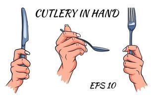 bestick. gaffel, sked och kniv i handen. tecknad stil. en restaurang. vektor