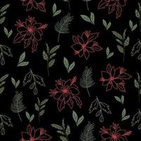 nahtlos Blumen- Muster. rot Blumen dunkel Hintergrund. Weihnachten Muster. Blumen Linie Kunst. vektor