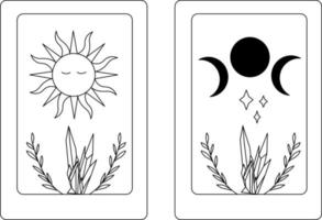 Illustration von das Tarot Karte Vektor. Sonne und Mond Linie Kunst Vektor. Mineralien, Kristalle, Blätter Vektor. vektor