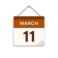 Mars 11, kalender ikon med skugga. dag, månad. möte utnämning tid. händelse schema datum. platt vektor illustration.
