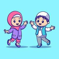 süß glücklich Muslim Junge und Mädchen Karikatur Vektor Symbol Illustration