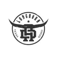 Büffel Kopf Horn Logo Design Vektor Etikett, Stier, Kuh, Jahrgang Texas Restaurant Longhorn Logo. Brief dh Jahrgang Bauernhof Unternehmen Logo