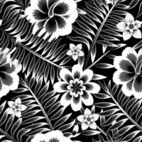 tropisk handflatan löv sömlös mönster med blommig växter och lövverk på mörk bakgrund. årgång tropisk tapet. interiör design. vår bakgrund. blommig bakgrund. exotisk tropikerna. höst vektor