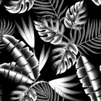 grå momokromatisk tropisk handflatan löv sömlös mönster med banan monstera blad och växter lövverk på mörk bakgrund. skiss teckning. årgång stil. dumt för strö, textil, tyg, tapet. vektor