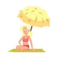 Kind Mädchen unter Sonne Regenschirm durch das Meer, eben Vektor Illustration isoliert.