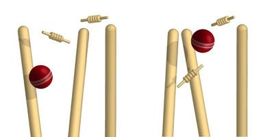 hölzern Kricket Tor geht kaputt rot Ball. Wicket mit Oberer, höher Querbalken streut zu Seiten von Athlet präzise Wurf. isoliert 3d Vektor