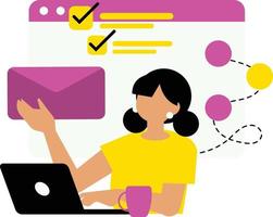kvinna arbetssätt på bärbar dator och sändning e-post. platt stil vektor illustration.