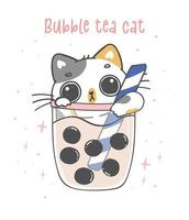 söt rolig kalikå kattunge katt i bubbla mjölk te kopp, bubbla te katt, förtjusande tecknad serie djur- dodole hand teckning vektor