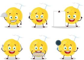 Karikatur Charakter von Gelb Mond mit verschiedene Koch Emoticons vektor