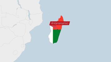 madagaskar Karta markerad i madagaskar flagga färger och stift av Land huvudstad antananarivo. vektor