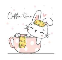 süß kawaii Weiß Hase Hase Einweichen im Kaffee Tasse, süß Karikatur Charakter Tier Hand Zeichnung Gekritzel vektor