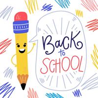 Netter Bleistift-Charakter, der mit Spracheblasen-und Handbeschriftung über Schule lächelt