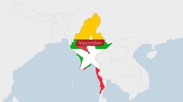 Myanmar Karte hervorgehoben im Myanmar Flagge Farben und Stift von Land Hauptstadt neinpyitaw. vektor