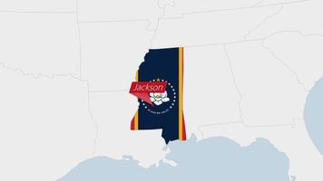 uns Zustand Mississippi Karte hervorgehoben im Mississippi Flagge Farben und Stift von Land Hauptstadt Jackson. vektor
