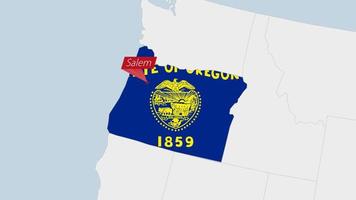 uns Zustand Oregon Karte hervorgehoben im Oregon Flagge Farben und Stift von Land Hauptstadt Verkauf. vektor