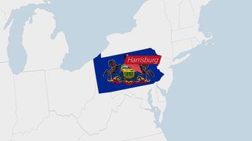 uns Zustand Pennsylvania Karte hervorgehoben im Pennsylvania Flagge Farben und Stift von Land Hauptstadt Harrisburg. vektor