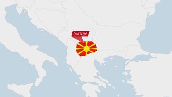 Norden Mazedonien Karte hervorgehoben im Mazedonien Flagge Farben und Stift von Land Hauptstadt skopje. vektor