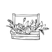 Box mit Blumen im Gekritzel Stil. Linie hölzern Box mit Blumen. Zeichnung zum Postkarte, Liebe Gartenarbeit, Frühling Konzept vektor