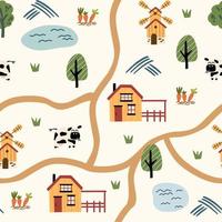 by Karta sömlös mönster. bakgrund av en bruka med hus, djur, väg, sjöar, träd och traktor. perfekt för textil, tyg, papper, spel, spela matta. vektor illustration