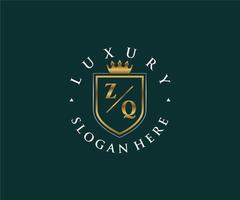 Royal Luxury Logo-Vorlage mit anfänglichem zq-Buchstaben in Vektorgrafiken für Restaurant, Lizenzgebühren, Boutique, Café, Hotel, Heraldik, Schmuck, Mode und andere Vektorillustrationen. vektor