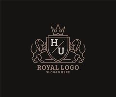 Anfangsbuchstabe Hu Letter Lion Royal Luxury Logo Vorlage in Vektorgrafiken für Restaurant, Lizenzgebühren, Boutique, Café, Hotel, Heraldik, Schmuck, Mode und andere Vektorillustrationen. vektor