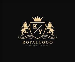 första ky brev lejon kunglig lyx heraldisk, vapen logotyp mall i vektor konst för restaurang, kungligheter, boutique, Kafé, hotell, heraldisk, Smycken, mode och Övrig vektor illustration.