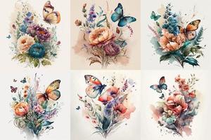 Schmetterling Aquarell Satz, Blumen- Illustration, Blumen- Blume, Blumen- bündeln vektor
