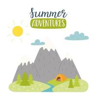 Berge, Fluss, Tanne Bäume und Zelt auf das Horizont und handgeschrieben Wörter -Sommer Abenteuer. Sommer- Landschaft. draussen Erholung, wandern, Camping, Tourismus. eben Karikatur Vektor Illustration auf Weiß