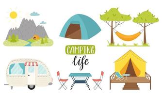 Berg Landschaft mit Zelt, Camping Anhänger, Hängematte, Zelt, Möbel. Hand Beschriftung - - Camping Leben. wandern, Glamping, reisen, Erholung auf Natur. eben Farbe Vektor Illustration auf Weiß.