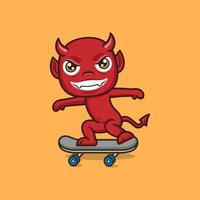 süß Karikatur Teufel spielen Skateboard vektor