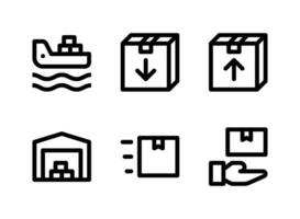 einfacher Satz logistisch verwandter Vektorliniensymbole. enthält Symbole wie Frachter, Box, Lager, Empfang und mehr. vektor