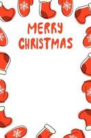 jul kort mall med strumpor och handskar röd Färg i tecknad serie platt stil isolerat på vit bakgrund. trevlig ram. för evenemang, företags, familj och vänner. vektor