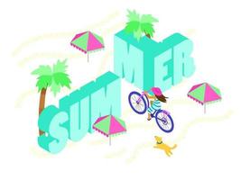 isometrisk vektor illustration på sommar tema. flicka ridning fett cykel genom ord sommar. isometrisk text. sommar affisch.