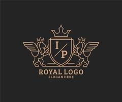 första ip brev lejon kunglig lyx heraldisk, vapen logotyp mall i vektor konst för restaurang, kungligheter, boutique, Kafé, hotell, heraldisk, Smycken, mode och Övrig vektor illustration.