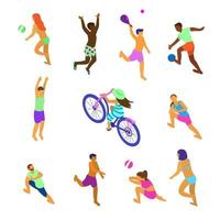 vektor uppsättning av isometrisk människor av annorlunda etnicitet i håller på med sommar sporter. sommar aktiviteter ridning strand cykel, spelar strand volley, fotboll, racket boll, håller på med yoga, Hoppar.