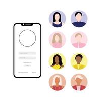uppsättning av avatars av män och kvinnor för profil. logga in autentisering begrepp på smartphone skärm vektor