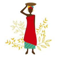 Vektor Illustration von Tansania Frau. afrikanisch Frau mit Blätter auf das Hintergrund.