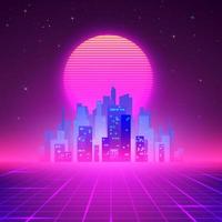 natt stad horisont. 80s retro sci-fi bakgrund. trogen design i 80s stil. vektor illustration