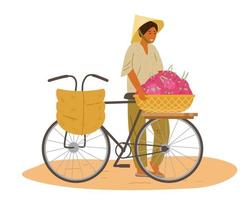 asiatisk kvinna i traditionell vietnamese konisk hatt försäljning drake frukt och korg- korgar från cykel. asiatisk basar. platt vektor illustration.