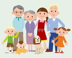 Karikatur Familie Illustration. Eltern mit Kinder, Großeltern und Hund. vektor