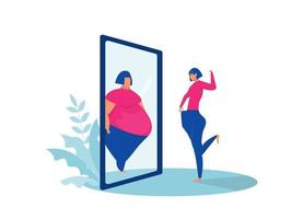 fet dam som tittar på spegeln ser passform reflektion, före och efter koncept vektor