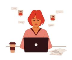 frilansande kvinna arbetar online med bärbar dator hemifrån. vektor