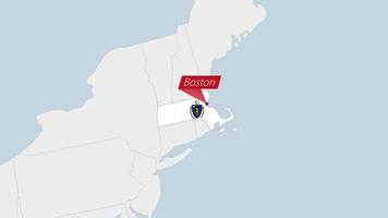 uns Zustand Massachusetts Karte hervorgehoben im Massachusetts Flagge Farben und Stift von Land Hauptstadt Boston. vektor