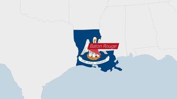 uns Zustand Louisiana Karte hervorgehoben im Louisiana Flagge Farben und Stift von Land Hauptstadt Taktstock Rouge. vektor