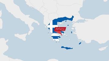 Griechenland Karte hervorgehoben im Griechenland Flagge Farben und Stift von Land Hauptstadt Athen. vektor