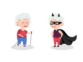 Paar Großmütter Charaktere. Großmutter in einem Superheldenkostüm und eine Athletin mit skandinavischen Stöcken. lustige ältere Frauen. Vektorillustration im Cartoon-Stil vektor