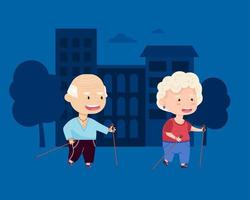 Sport Großmutter und Großvater gehen mit Stöcken auf dem Hintergrund des Stadtbildes. Großeltern. Vektorillustration im Cartoon-Stil