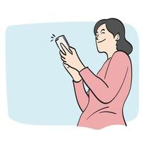 Linie Kunst Frau mit Smartphone auf Blau leer Raum Illustration Vektor Hand gezeichnet isoliert auf Weiß Hintergrund